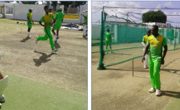 The Guyana Jaguars in net practice yesterday in Barbados.