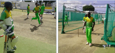 The Guyana Jaguars in net practice yesterday in Barbados.