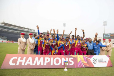 The West Indies U19 team celebrates their maiden ICC Youth World Cup triumph. (Photo courtesy of ICC website)