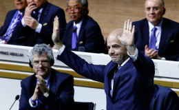 Newly elected FIFA President Gianni Infantino gestures next to UEFA Vice-President Angel Maria Villar Llona (L) during the Extraordinary Congress in Zurich, Switzerland yesterday.REUTERS/Ruben Sprich
