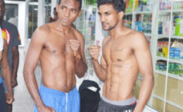 Main event boxers, Felix Machado of Venezuela and US based Guyanese, Elton‘The Bully’ Dharry square off following last night’s weigh in at the Giftland Mall. 