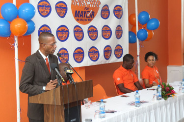 Team Benschop leader Mark Benschop speaking at the launch of his group’s manifesto yesterday. (Photo by Keno George)
