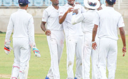 Fast bowler Miguel Cummins (second from left) celebrates another wicket during Barbados Pride’s
victory yesterday. (Photo courtesy WICB Media)
