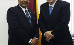 Former Resident Country Director for the US-based International Republican Institute Glenn D Bradbury (right) paid a courtesy call on Prime Minister Moses Nagamootoo yesterday. During Bradbury’s posting here in Guyana, he was the Chief of Party for the USAID Leadership and Democracy Programme (LEAD) (Office of the Prime Minister photo)