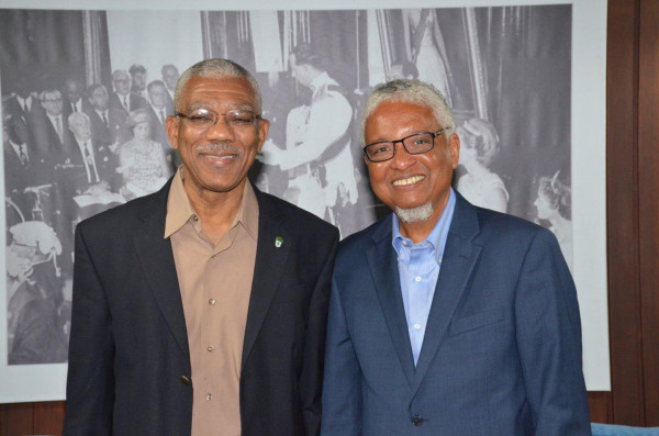  President David Granger (left), today, met with Chancellor of the University of Guyana, Professor Nigel Harris to discuss matters related to the repositioning of the institution such as effective governance, finance and the maintenance of infrastructure, enhancing research capabilities and students’ experience. (Ministry of the Presidency photo)