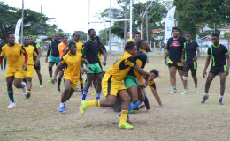 Part of the action between the UG Wolves and the Yamaha Caribs in the final of the GTT/Guyana Rugby Football Union 15s league. The student ruggers defeated the Yamaha Caribs, 32-15 to win the first tournament of the year on Saturday.
