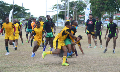 Part of the action between the UG Wolves and the Yamaha Caribs in the final of the GTT/Guyana Rugby Football Union 15s league. The student ruggers defeated the Yamaha Caribs, 32-15 to win the first tournament of the year on Saturday. 