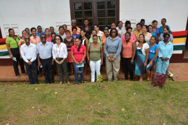 From left in front row are facilitator of the workshop, Wayne Barrow; REO Leslie Wilburg and First Lady Sandra Granger. They are seen here with participants at the fourth Self Reliance and Success in Business Workshop being held at the Mabaruma Learning Resource Centre in Region One. (Ministry of the Presidency photo) 