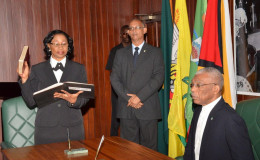 Justice Yonette Cummings-Edwards, Chief Justice (Ag) takes her Oath as a Member of the Judicial Service Commission, before President David Granger.  (Ministry of the Presidency photo)