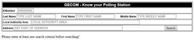 The Gecom Polling Station search engine. Voters are able to find their polling stations using either their ID number or any combination of other distinctive criteria, such as their name, local government area or address. 
