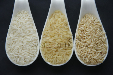 Raw white, parboiled & brown rice (Photo by Cynthia Nelson)