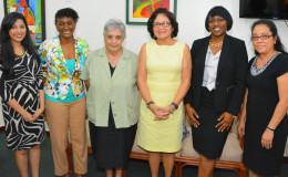 First Lady, Sandra Granger (centre) is flanked by, from left to right: Kiran Mattai, Cynthia Massay, Dr. Suraiya Ismail, Michelle Johnson and Deborah Seebarran. (Ministry of the Presidency photo)
