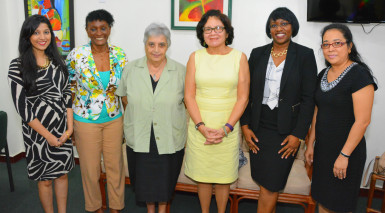 First Lady, Sandra Granger (centre) is flanked by, from left to right: Kiran Mattai, Cynthia Massay, Dr. Suraiya Ismail, Michelle Johnson and Deborah Seebarran. (Ministry of the Presidency photo) 