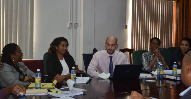 Economic Adviser at the Oceans and Natural Resources Division of the Commonwealth Secretariat, Dr. Daniel Wilde (third from left) and officers from the Finance Ministry and the GRA, during the meeting.  (Ministry of the Presidency photo) 