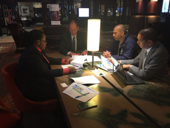 Minister within the Ministry of Natural Resources Simona Broomes in discussion with Richard Spencer, President & CEO of U308 Corp; Shazadh Khan, Country Manager-Guyana of U308 Corp and Trade Commissioner of the Canadian High Commission in Guyana, Anand Harilall last week in Toronto, Canada.