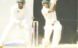 Jermaine Blackwood plays a booming drive during his half-century yesterday.