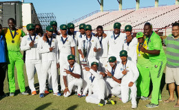Back-to-back WICB/PCL Regional Four Day champions Guyana Jaguars pose for a pic following their innings a 54-run win over Jamaica