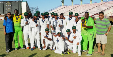 Back-to-back WICB/PCL Regional Four Day champions Guyana Jaguars pose for a pic following their innings a 54-run win over Jamaica