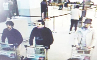 A young man in a hat caught on CCTV pushing a luggage trolley at Belgium’s Zaventem airport alongside two others who, investigators said, had later blown themselves up in the terminal. REUTERS/Belgian Federal Police 