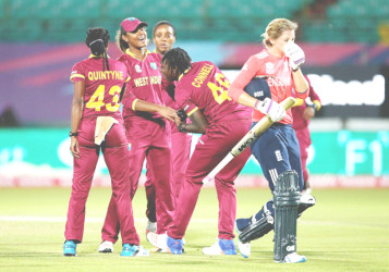 Shamilia Connell of the West Indies is congratulated on catching Sarah Taylor of England during the Women’s ICC World Twenty20 India 2016 match between England and the West Indies at the HPCA Stadium on March 24, 2016 in Dharamsala, India. (Photo by Matthew Lewis-IDI/IDI via Getty Images) 