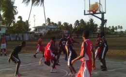 Part of the semi-final action between Fyrish Black Sharks (black) and New Amsterdam Warriors in the Berbice Amateur Basketball Association (BABA) sanctioned Anamayah Memorial Championships.
