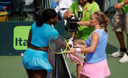 Svetlana Kuznetsova (R) shakes hands with Serena Williams (L) after their match on day seven of the Miami Open at Crandon Park Tennis Center. Kuznetsova won 6-7(3), 6-1, 6-2. Mandatory Credit: Geoff Burke-USA TODAY Sports.