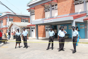 Security officers barricaded and guarded the entrance to the Georgetown Public Hospital’s Accident and Emergency unit