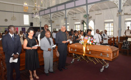 President David Granger yesterday attended the funeral service of Arlington Mortimer Bancroft, a longstanding Guyanese diplomat.  From left in this Ministry of the Presidency photo are Guyana's Ambassador to Suriname, Keith George, Director General (acting) of the Ministry of Foreign Affairs, Audrey Waddell, Minister of Foreign Affairs, Carl Greenidge and President David Granger.