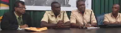 (From left) Public Security Minister Khemraj Ramjattan; Officer in Charge of the Georgetown Prison, Superintendent Kevin Pilgrim; Director of Prisons Carl Graham and Deputy Director of Prisons Gladwin Samuels at the emergency press conference yesterday. (Zoisa Fraser photo)