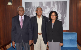 President David Granger (centre), today, met with Hamley Case (left) and Clarissa Riehl who have been appointed to head Guyana’s diplomatic missions in the United Kingdom and the Canada respectively. (Ministry of the Presidency photo)