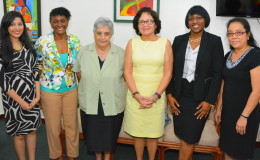First Lady, Sandra Granger (centre) is flanked by, from left to right: Kiran Mattai, Cynthia Massay, Dr. Suraiya Ismail, Michelle Johnson and Deborah Seebarran.
