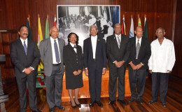 From left are Minister of Legal Affairs and Attorney General, Basil Williams; Chancellor of the Judiciary, Justice Carl Singh; Chief Justice (Ag) Justice Cummings-Edwards; President David Granger; Minister of State, Joseph Harmon; Justice Prem Persaud and Justice Lennox Perry, members of the Judicial Service Commission (JSC).