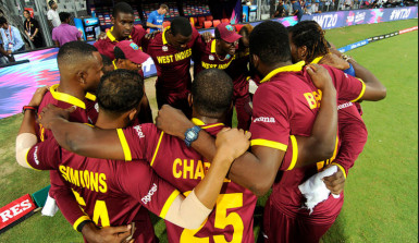  UNITY: West Indies huddle before taking the field in the second semi-final against tournament favourites India on Thursday. 