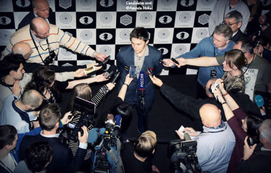Russian grandmaster Sergey Karjakin meets the press following his sensational victory in the 2016 Candidates Chess Tournament in Moscow. Karjakin will oppose Norway’s world chess champion Magnus Carlsen for the title in New York in November.
