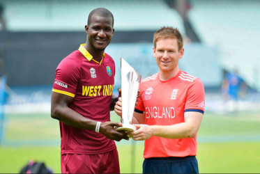 West Indies skipper Darren Sammy, left and England skipper Eion Morgan would like to get sole possession of the ICC T20 World Cup trophy. (photo courtesy WICB website) 
