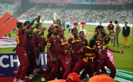 WI WOMEN CAN DANCE TOO! The West Indies women show off their moves after their upset victory. WICB media
