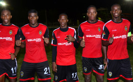 Alpha United Goal Scorers from left to right Delon Lanferman, Colin Nelson, William Europe, Solomon Austin and Daniel Wilson following their 5-0 thrashing off arch-rival Pele FC in the GFF Stag Beer Elite League. (Orlando Charles photo)
