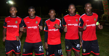Alpha United Goal Scorers from left to right Delon Lanferman, Colin Nelson, William Europe, Solomon Austin and Daniel Wilson following their 5-0 thrashing off arch-rival Pele FC in the GFF Stag Beer Elite League. (Orlando Charles photo) 