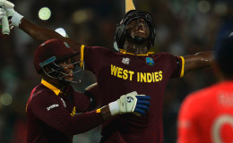 Carlos Brathwaite screams in elation after hitting the winning runs to steer West Indies to victory in the Twenty20 World Cup final on Sunday. (Photo courtesy WICB Media) 