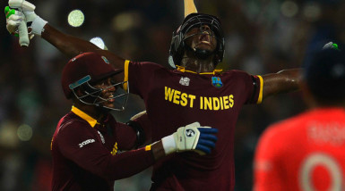 Carlos Brathwaite screams in elation after hitting the winning runs to steer West Indies to victory in the Twenty20 World Cup final on Sunday. (Photo courtesy WICB Media) 
