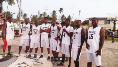 The newly crowned champs Fyrish Black Sharks following their crushing win over Ithaca Hardliners in the Berbice Amateur Basketball Association (BABA) sanctioned Anamayah Memorial Basketball Championship title match 