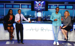 General Manager of the Pegasus Hotel Susan Isaacs (right) and newcomer to the Pegasus team Andre Rochford (second, right) along with other representatives of the hotel pose for a photo at the Aura Bar and Lounge. 