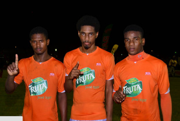 Fruta Conquerors scorers’ from left to right Hubert Pedro, Jahaal Greaves and Eon Alleyne pose for a photo op following their hardfought victory over Alpha United in the GFF Stag Beer Elite League
