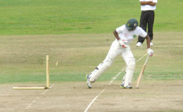 Ashmead Nedd is bowled by Sherfane Rutherford (Photo by Orlando Charles)