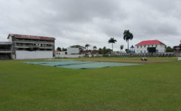 Covers on the pitch at the Bourda ground
yesterday
