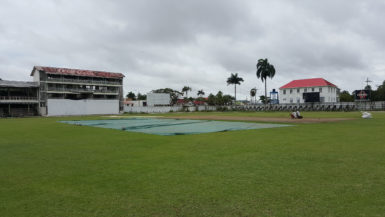Covers on the pitch at the Bourda ground  yesterday 