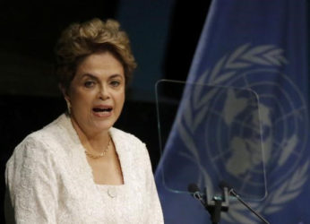 Brazilian President Dilma Rousseff delivers her remarks during the signing ceremony on climate change held at the United Nations Headquarters in Manhattan, New York, U.S., yesterday. REUTERS/Carlo Allegri
