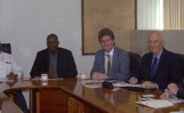 From left are Minister of Finance Winston Jordan, Minister of Public Infrastructure David Patterson, British High Commissioner to Guyana Greg Quinn and other other officials. (Ministry of Finance photo)