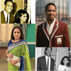 Composite photo of Garry Sobers and Anju Mahendru: Top left and bottom right shows them during their brief engagement; at bottom left is Mahendru as she looks today and at top right is Sobers as he looked in the 60s. (Bollywood Bubble)