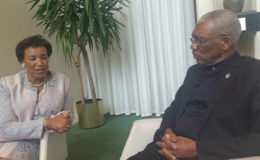 President David Granger during the meeting with Secretary General of the Commonwealth, Baroness Patricia Scotland in New York on Friday. (Ministry of the Presidency photo)